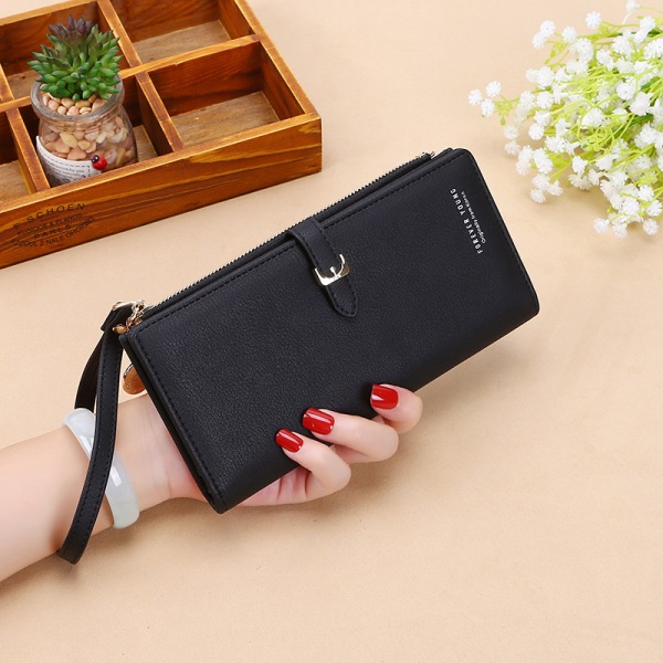 Kvinnors hand som håller lång plånbok mobiltelefonväska - svart