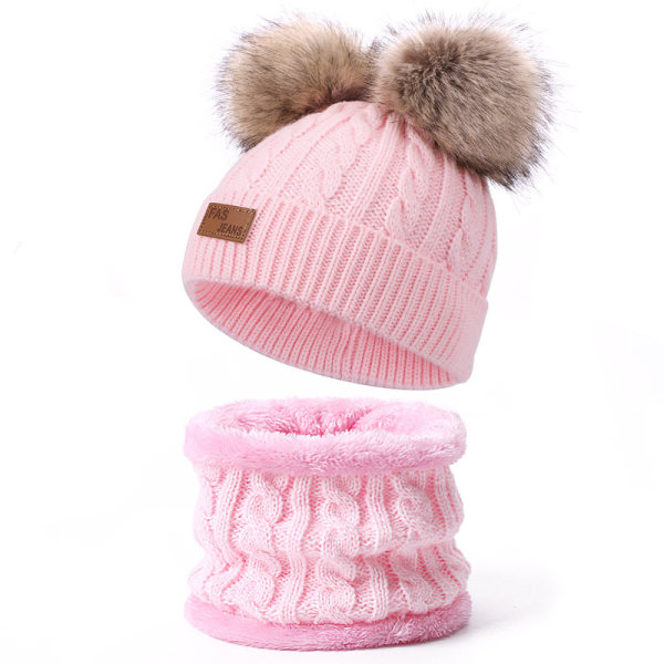 2 stk. Børne Vinterhatte og Halsklæde Sæt Baby Beanie Dobbelt Pom Pom Toddler Vinterhat til 1-8 År Gamle Drenge og Piger. light pink