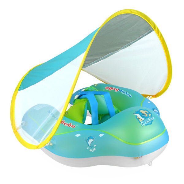 Baby Svømmeflyder Oppustelig Baby Pool Flyder Ring Nyeste med Solbeskyttende Kaleche, Tilføj Hale Ingen Vendning for Alder 3-36 Måneder, Blå XL