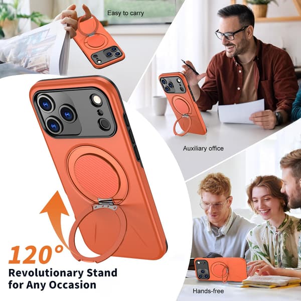 Lämplig för iPhone 16 PRO magnetiskt telefonfodral, stötsäkert telefonfodral, med 360° roterande metallringstativ (stöder MagSafe) Orange