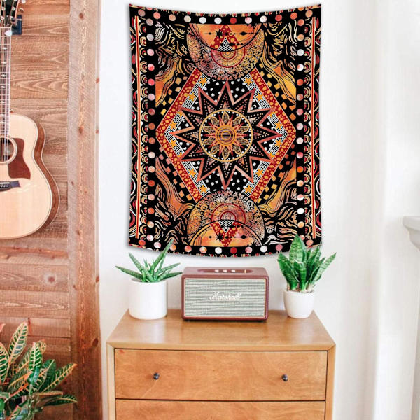 Orange Sun and Moon Väggbonad, Cool Indie Hippie Mandala Vägg