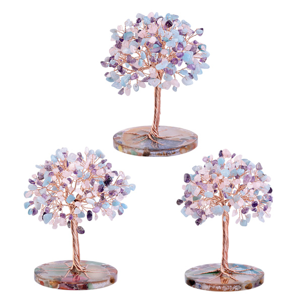Kobber Ametyst Krystaltræ med Orgon Agat Base, Feng Shui Krystal Dekoration til Held & Velstand, Lilla+Pink+Blå