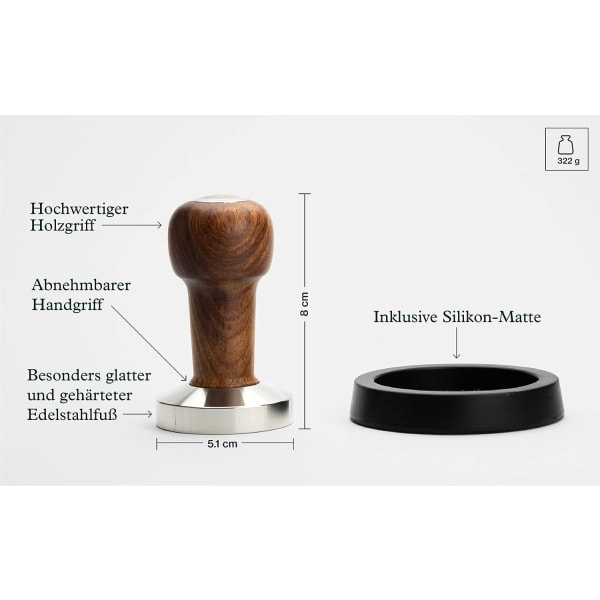 Tamper Set 51 mm - Rostfritt stål kaffepress och äkta trä h