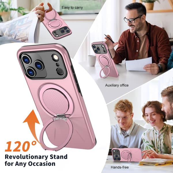 Lämplig för iPhone 16 PRO MAX magnetiskt telefonfodral, stötsäkert telefonfodral, med 360° roterande metallringstativ (stöder MagSafe) Pink