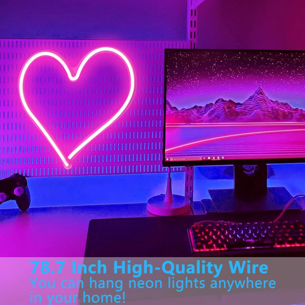 Neon skyltar, LED rosa hjärta akryl neon skylt för väggkonstdekor,