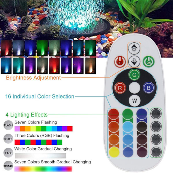 LED Aquarium Boblelys, Fjernbetjening Luftsten Disk, med