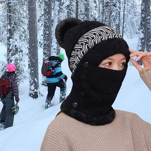 Allt-i-ett mössa och halsduk dam höst och vinter stickad mössa p