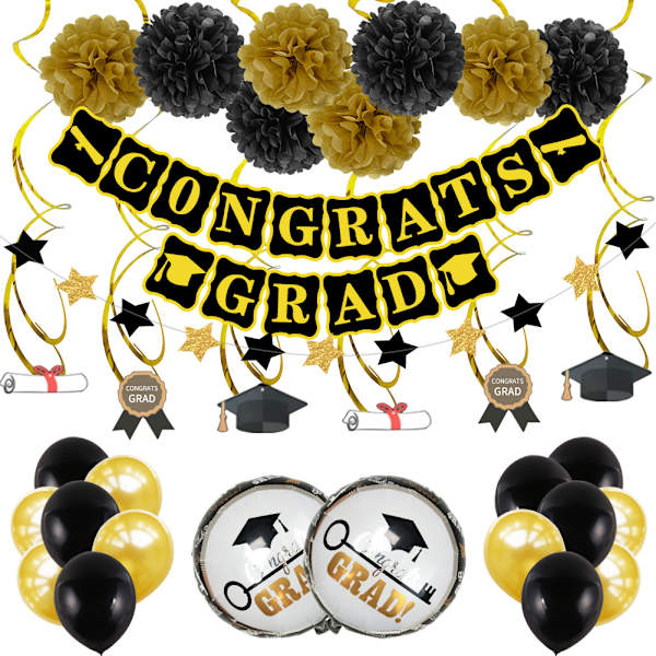 Dekorasjoner for graduering, svart og gull Gratulerer Grad bannere Tis
