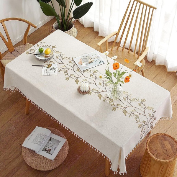 Broderad Duks, Rustik Lanthus Stil Köksbordstyg Blå Bordduk, Jordavvisande Bomullslinne Rektangulära Borddukar, Khaki 140*260cm