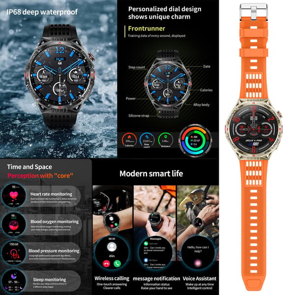 1,85” AMOLED Smartklocka för män (svara/ringa samtal), LED-belysning, IP68 Fitnessklocka med puls, SpO2, blodtryck för Android iPhone Gold
