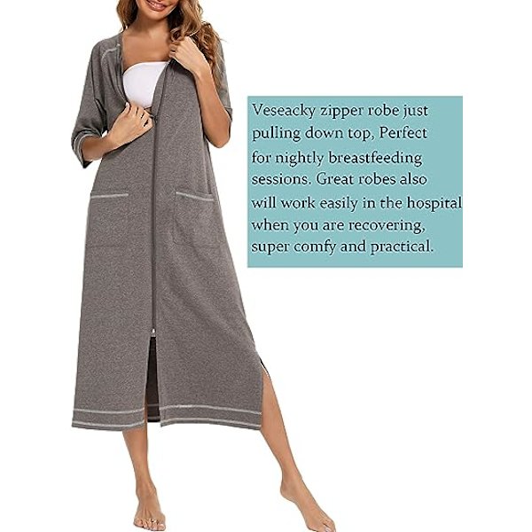Dame Badekåbe Lynlås Front Kontor Frakke Pyjamas 3/4 Ærme Lad