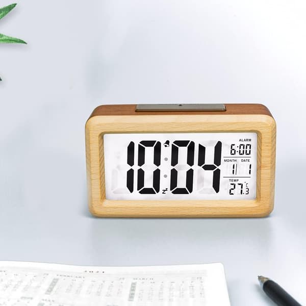 Batteridriven trä LCD digital väckarklocka med smart senso