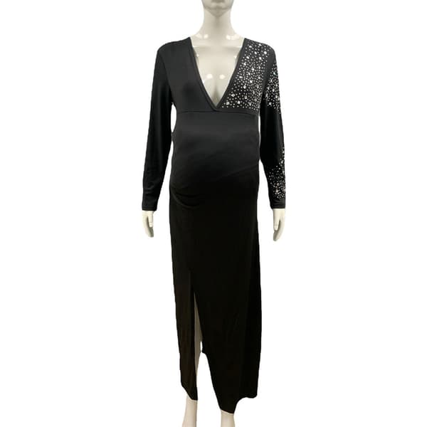 Maternity Langærmet V-hals Rhinestone Maxi Kjole (Sort-XL)