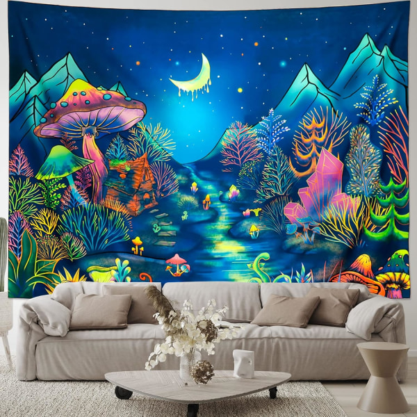 Blacklight Forest Trees Tapestry UV Reactive Mushroom Tapestry F