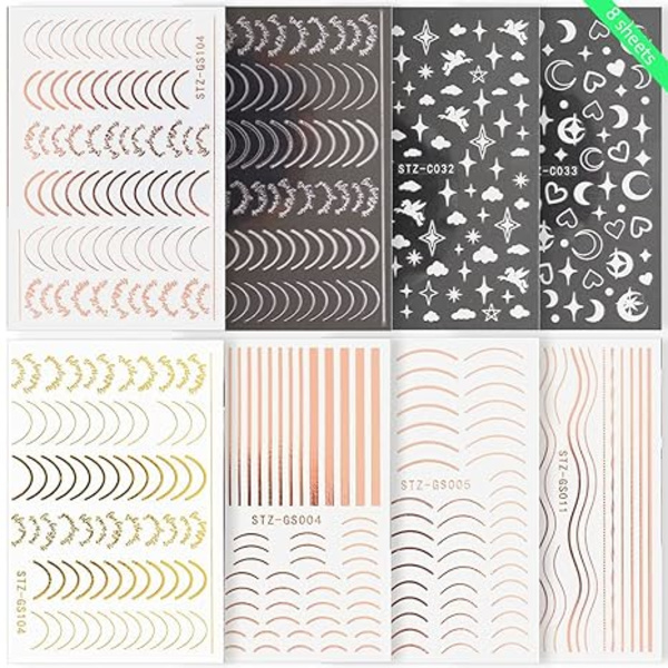 Franske linjer neglekunst-klistremerker 3D negleklistremer buet stripe gull S
