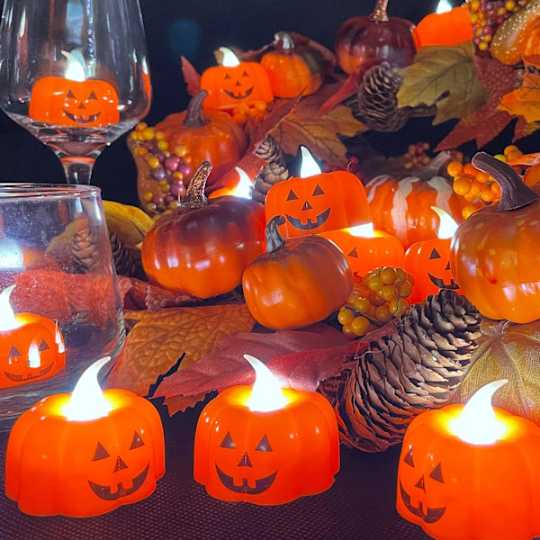24-pack realistiska pumpa LED-ljus, Halloween-dekorationer, flimmerfria batteridrivna pumpa-telampor med varmt vitt ljus för inomhus- och utomhusdekorationer