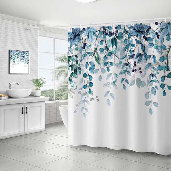 Blå Eucalyptus Bruseforhæng til Badeværelse Floral Akvarel Le