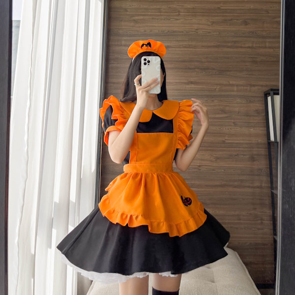 Kvinde Halloween Græskar Kostume Lolita Kjole Fransk Forklæde Pige