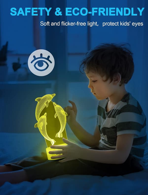 Delfiiniyövalo lapsille, 3D-illuusiolamppu, 16 väriä himmennettävä