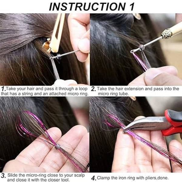 Tinsel hårstrå kit, 12 farver Tinser hår extensions tang