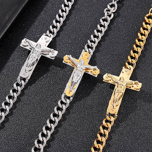 Herre Armband i Rostfritt Stål med Jesus Kristus Krucifix Kors - Länkkedja - Polerad