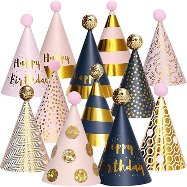 Födelsedagsfest hattar - Set med 12 guld Happy Birthday Cone Party H