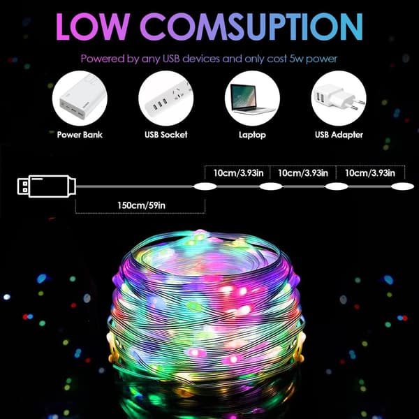 RGB Fe-lys, 100 LED Fe-lys, Synkroniser med Musik, USB Pow