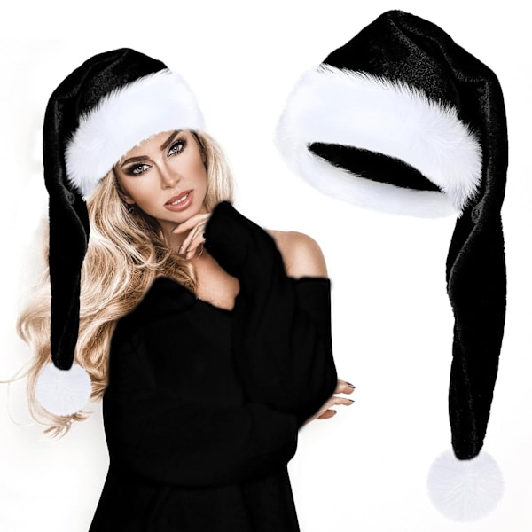 Christmas Santa Hat Adults Long Plush Xmas Hats for Christmas New Year Festive Party Supplies - Black