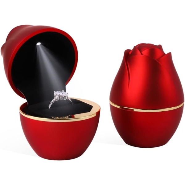 Rose Formad Förlovningsring Box LED Ring Box Smyckeskrin för Röd