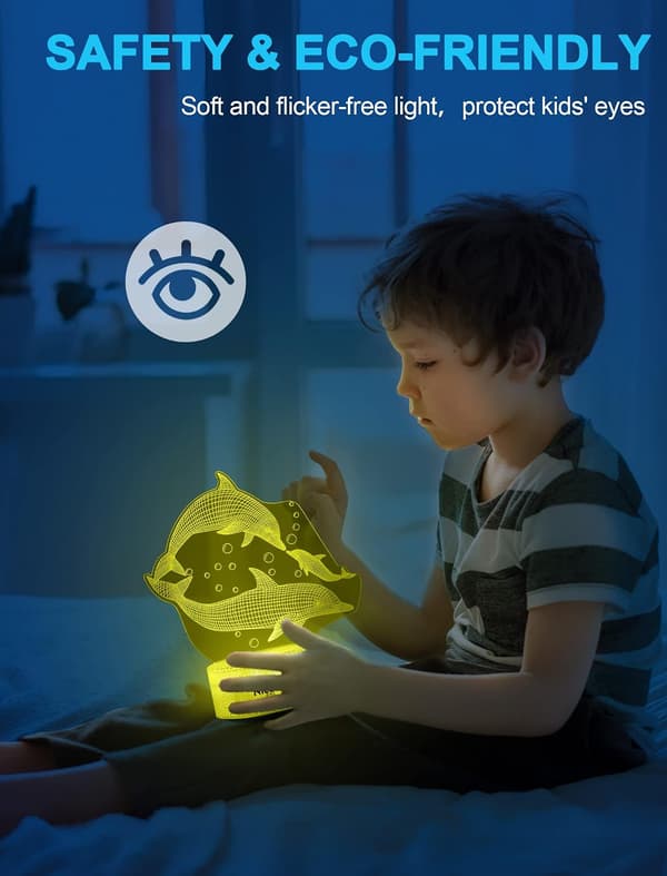 Delfin Natlampe til Børn, 3D Illusionslampe, 16 Farver Dimbar