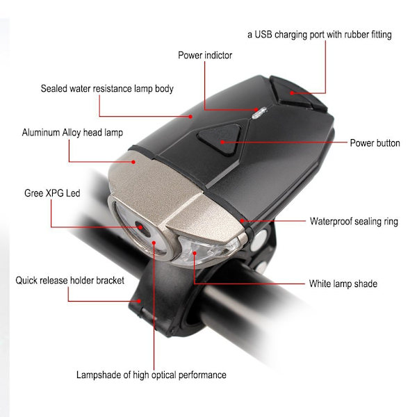 Hodelykt for sykkel med USB-lading