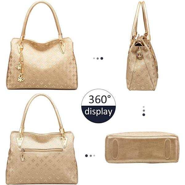4 stk. Kvinders Mode Læder Håndtasker Tote Bag Skuldertaske Top Håndtag Satchel Pung med Vedhæng Sæt - Guld