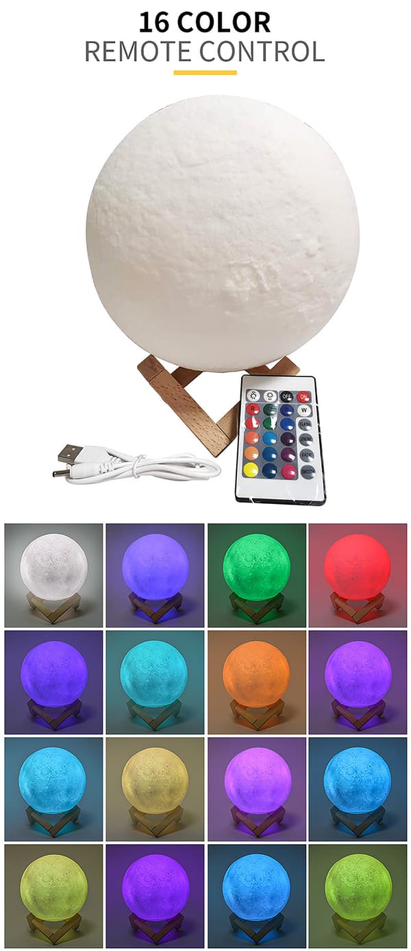 Månelampe 2023 Opgradering, 3D Månelys 16 Farver LED-belysning wit