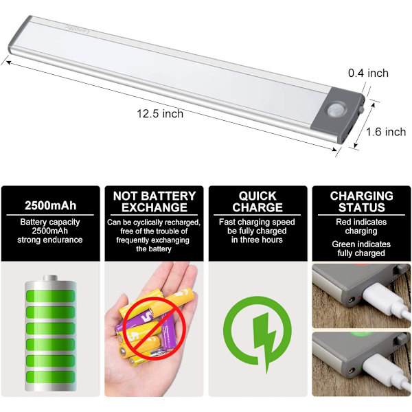 2 LED-rörelsesensorlampor för skåp (varmt ljus) 40cm