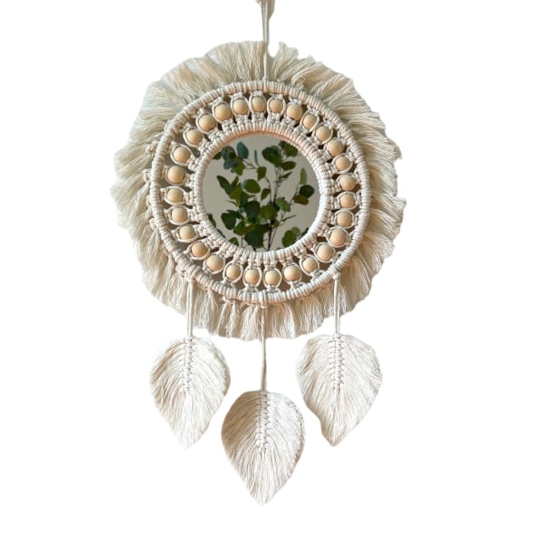 Boho Macrame Reunuspeili Puuhelmillä Sulka