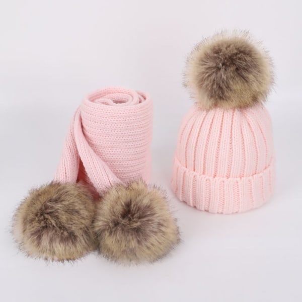 Hat and Scarf Set for Kids, Winter Knitted Beanie Hat and Long Scarf Set with Faux Fur Pom Poms - Pink