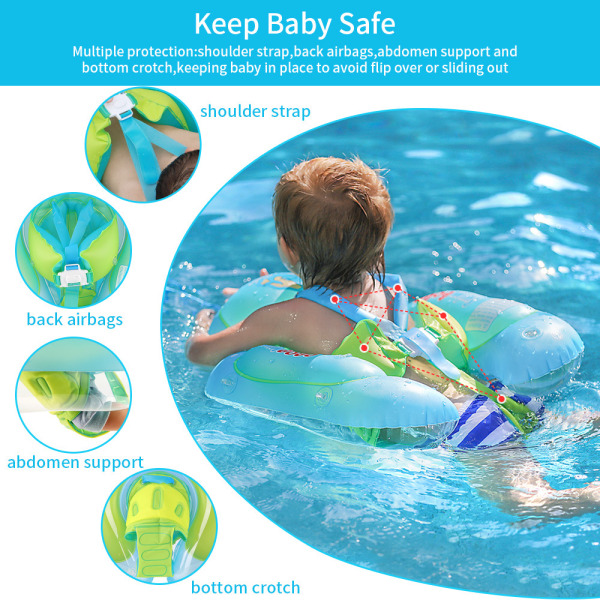 Baby Svømmeflyder Oppustelig Baby Pool Flyder Ring Nyeste med Solbeskyttende Kaleche, Tilføj Hale Ingen Vendning for Alder 3-36 Måneder, Blå S