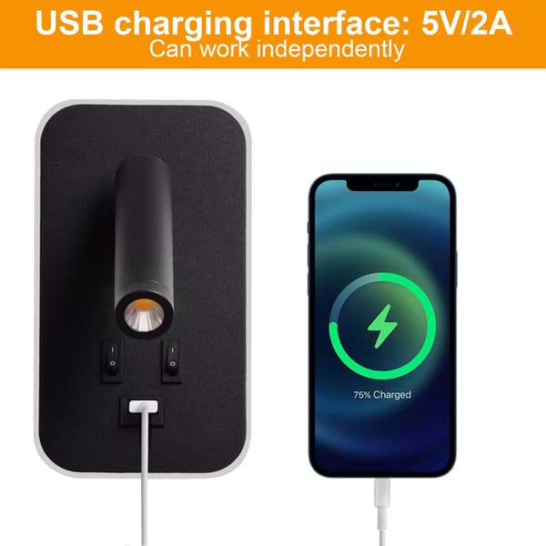Sengelampe, LED-leselampe med USB-port og bryter