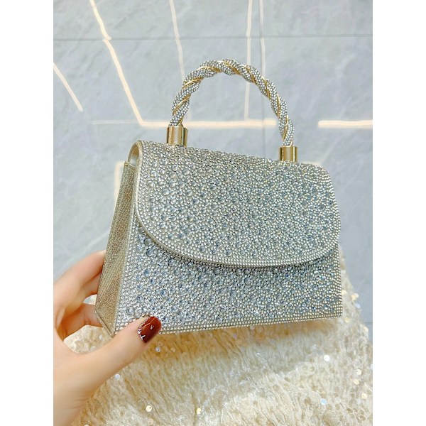 Skinnende Krystal Aften Clutch Taske Top Håndtag Håndtaske Crossbody Skuldertaske Bryllupsfest Brude Pung silver