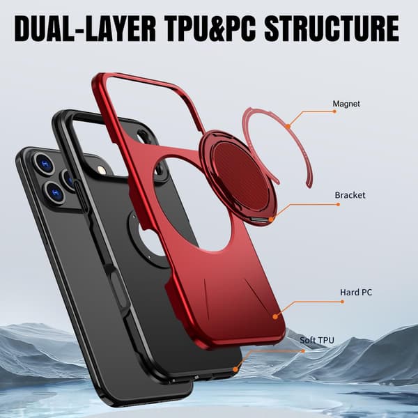 Lämplig för iPhone 16 PRO MAX magnetiskt telefonfodral, stötsäkert telefonfodral, med 360° roterande metallringstativ (stöder MagSafe) Red