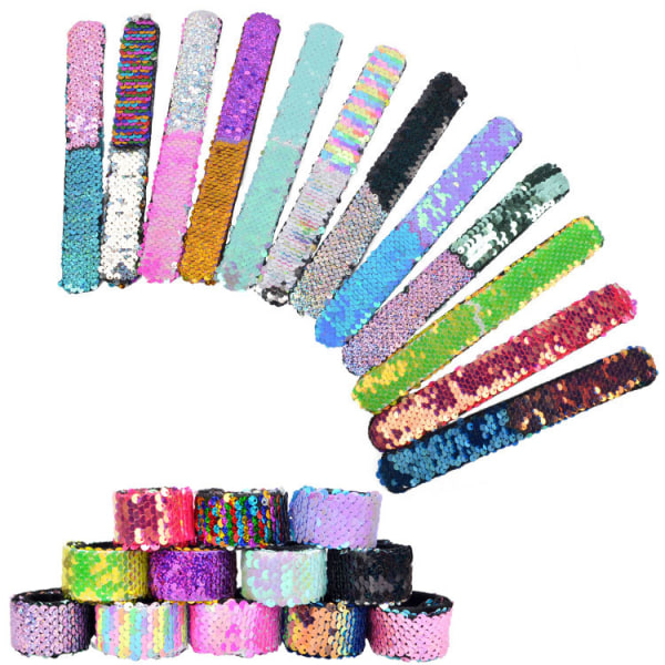 12 st (slumpmässiga färger) Sequin Mermaid Armband 2-färg Reversib