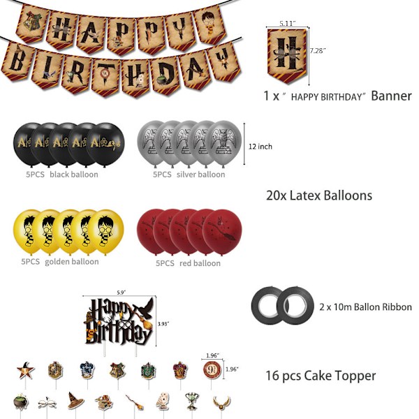 Harry Potter-tema födelsedagsfestdekorationssats Trollkarl Dragspelet Trollkarlsglas Tårta Insats Plakett Ballon