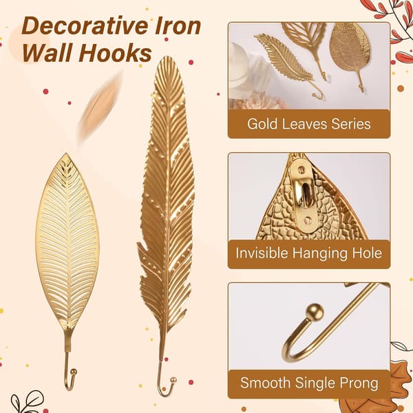 7 Pak Dekorative Oversized Blad Jern Nøgle Kroge Guld Moderne Væg