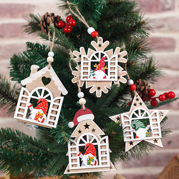1 stk. Træ Julepynt Kreativt Vindue Åbning Nisse
