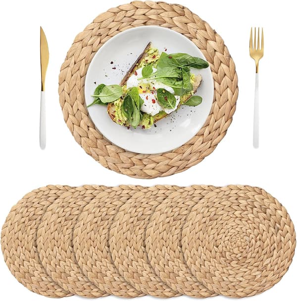 Set med 6 st 29 cm vävda placemats, handvävda vattenhyacint placema