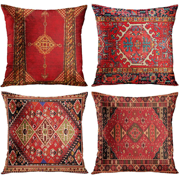Geometriske putetrekk i persisk kilim-design, sett med 4