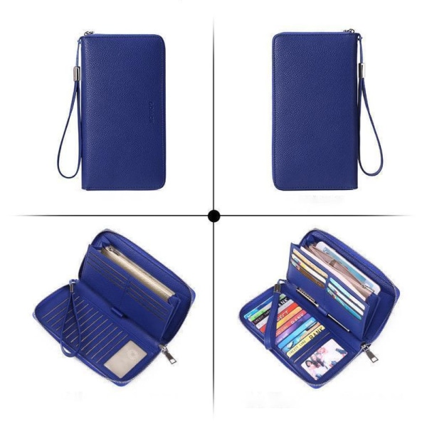 RFID-blockerande dragkedja för kvinnor med stor kapacitet runt plånbok-blå