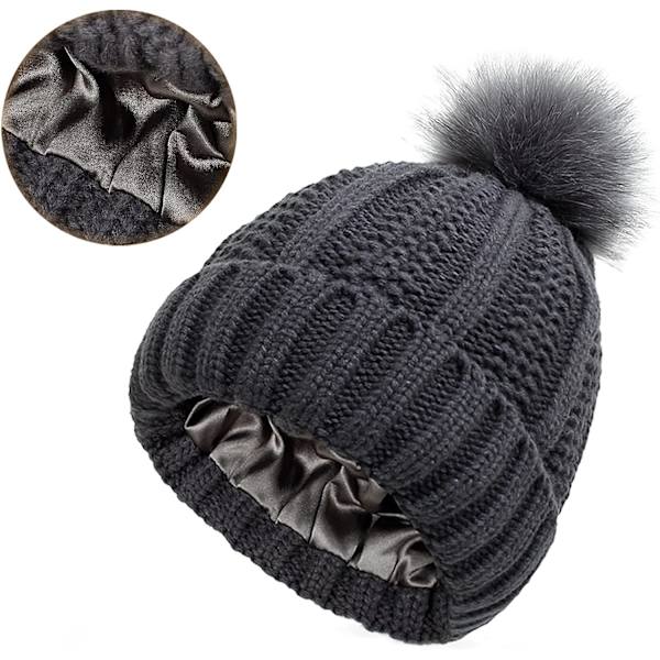 Vinter Dame Strikket Lue Hette Med Ikke-Fjernbar Pompom Satin Fôr