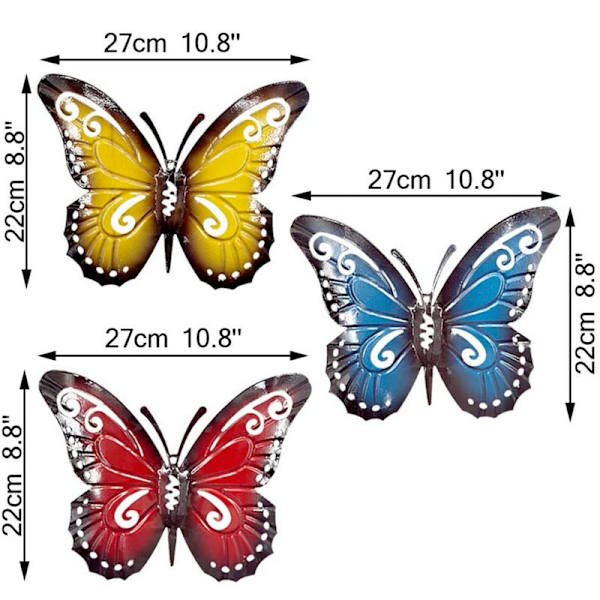 3 stk. Metall Butterfly Metall Butterfly Veggdekor