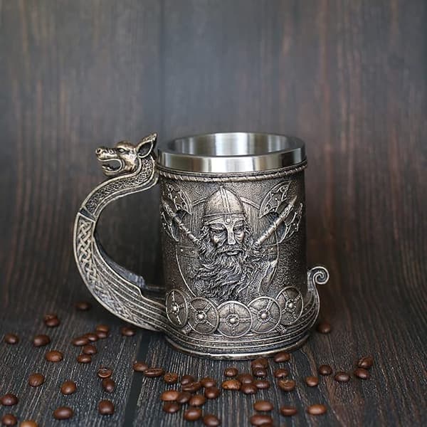 Rustfritt stål middelaldersk norrøn viking skip øl kaffekrus bronse